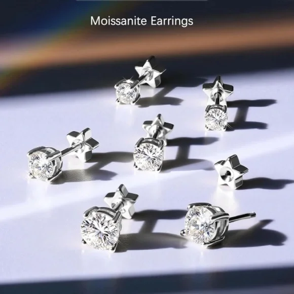 3 Pairs Certified Moissanite Solid 925 Sterling Silver Star Screw Back Earrings - Picture 4 of 16